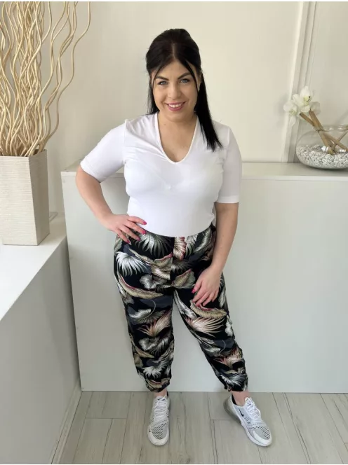  (L) Fekete Zöldlevélmintás, Gumisderekú Gumis Aljú Nadrág