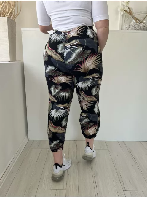  (L) Fekete Zöldlevélmintás, Gumisderekú Gumis Aljú Nadrág