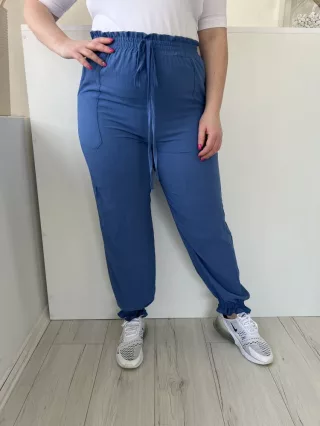    (L) Égkék Derékban Darázsolt, Zsebes Díszmegkötős, Fodros Aljú Nadrág