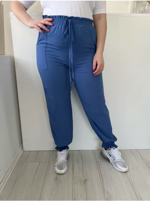  (L) Égkék Derékban Darázsolt, Zsebes Díszmegkötős, Fodros Aljú Nadrág