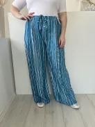 ÚJ TU (L) Kék Fehér Csíkos, Gumisderekú Díszmegktős, Bőszárú Nadrág