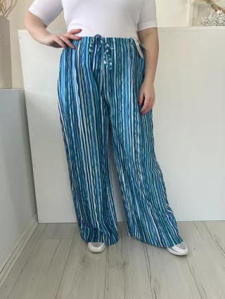   ÚJ TU (L) Kék Fehér Csíkos, Gumisderekú Díszmegktős, Bőszárú Nadrág