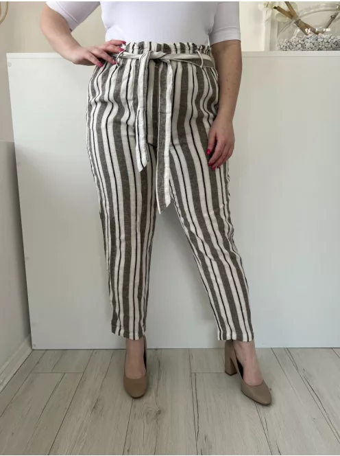 M&Co (L) Fehér Khaki Csíkos, Elől Gombos Derékban Megkötős, 52% Len Alapanyagú Nadrág