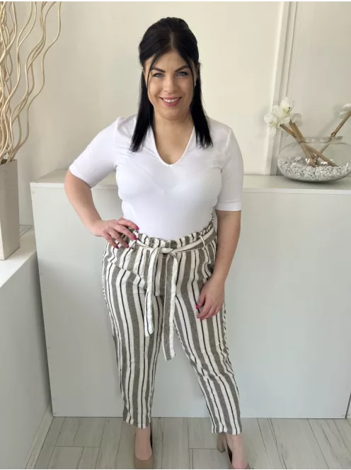 M&Co (L) Fehér Khaki Csíkos, Elől Gombos Derékban Megkötős, 52% Len Alapanyagú Nadrág