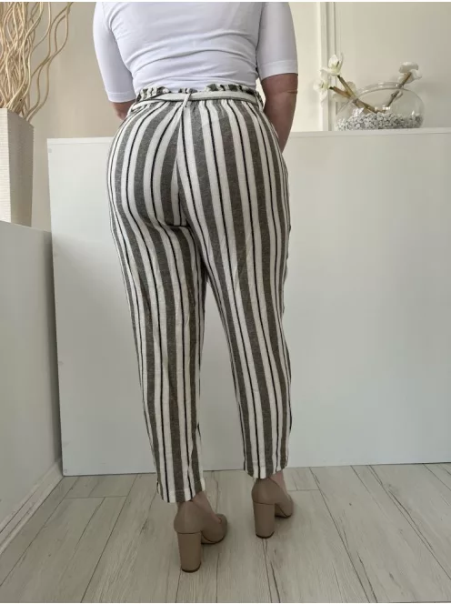 M&Co (L) Fehér Khaki Csíkos, Elől Gombos Derékban Megkötős, 52% Len Alapanyagú Nadrág