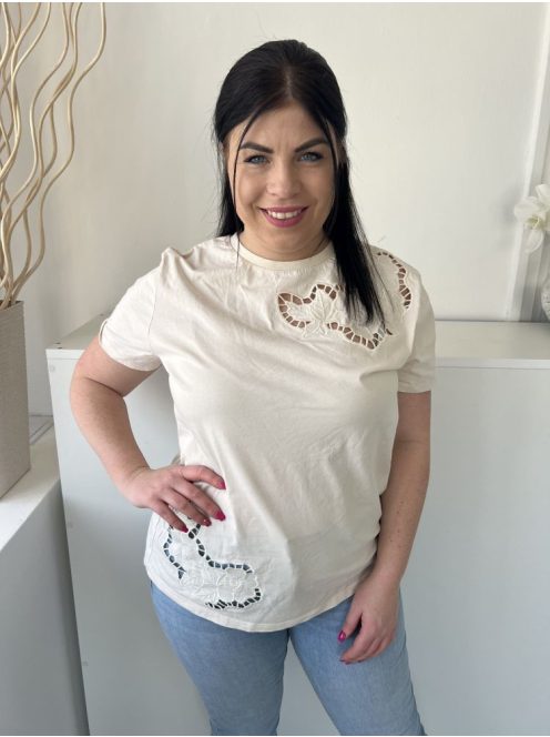 Papaya (L) Vajszínű Lyukacsos Mintás, Kerek Nyakú 100% Pamut Alapanyagú Felső