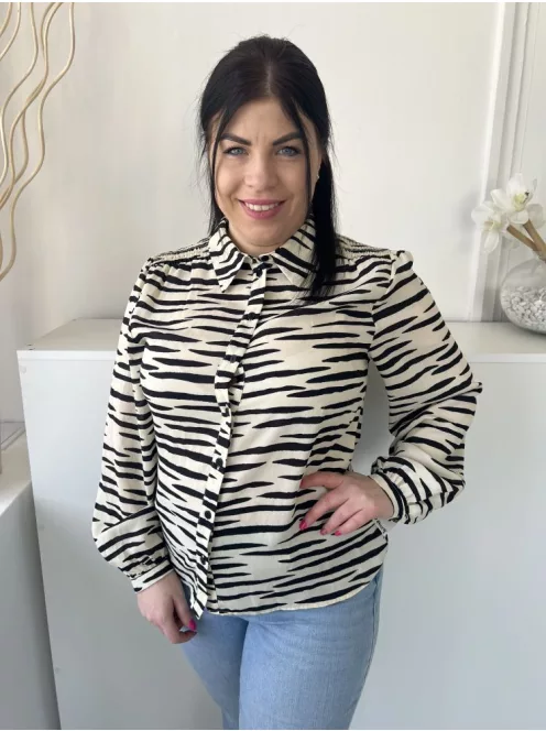  (M) Vajszínű Fekete Csíkos, Elől Végig Gombos Galléros, Vállán Ráncolt Felső