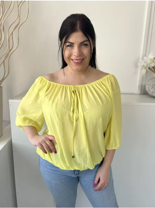 F&F (M) Sárga Ejtett Gumis Vállú, Elől Díszmegkötős Enyhén Áttetsző, Gumisderekú Felső