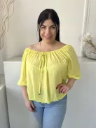 F&F (M) Sárga Ejtett Gumis Vállú, Elől Díszmegkötős Enyhén Áttetsző, Gumisderekú Felső