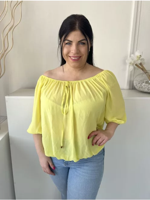 F&F (M) Sárga Ejtett Gumis Vállú, Elől Díszmegkötős Enyhén Áttetsző, Gumisderekú Felső