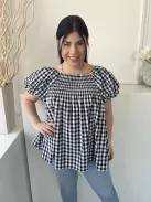 Mochy (M) Fekete-Fehér Kockás, Fell Darázsolt Buggyos Ujjú, Fodros Aljú Felső