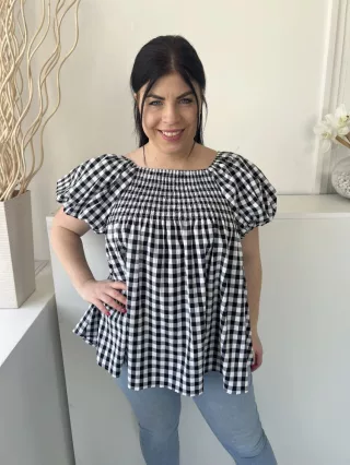   Mochy (M) Fekete-Fehér Kockás, Fell Darázsolt Buggyos Ujjú, Fodros Aljú Felső