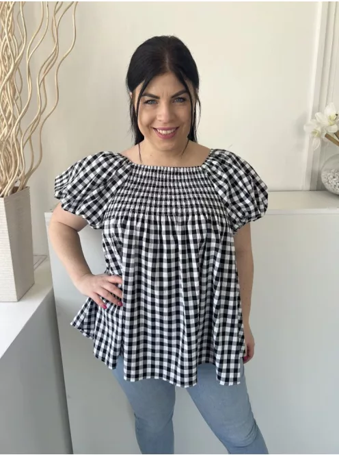 Mochy (M) Fekete-Fehér Kockás, Fell Darázsolt Buggyos Ujjú, Fodros Aljú Felső