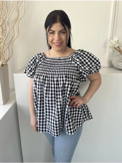 Mochy (M) Fekete-Fehér Kockás, Fell Darázsolt Buggyos Ujjú, Fodros Aljú Felső