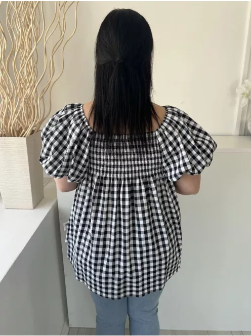 Mochy (M) Fekete-Fehér Kockás, Fell Darázsolt Buggyos Ujjú, Fodros Aljú Felső