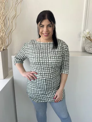   Next (M) Zöld Fehér Mintás, Csónak Nyakú Hosszított Fazonú Felső