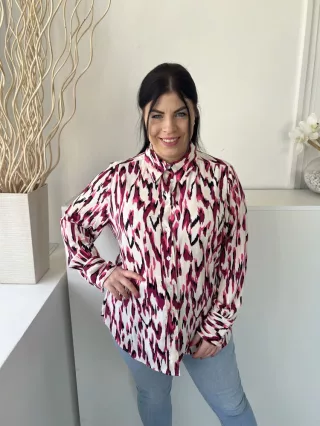   M&S (L) Fehér Ciklámen Mintás, Elől Végig Gombos Galléros, Kerekített Aljú Felső