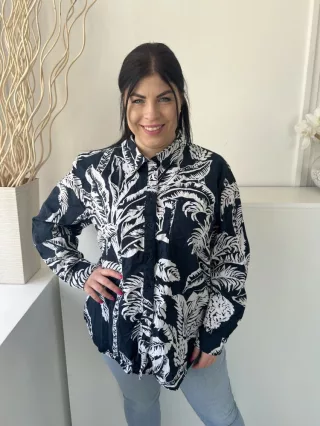   H&M (L) Sötétkék Fehér Levélmintás, Elől Végig Gombos Galléros, 54% Len és 46% Pamut Alapanyagú  Felső