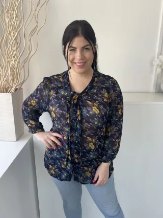   East (L) Sötétkék Sárga Virágos, Nyakban Megköthető Elől Végig Gombos, Enyhén Áttetsző Felső