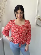 ÚJ Peacocks (M) Piros Apró Fehér Virágos, Elől Húzott Derékba Megkötős, Kocka Kivágású Felső