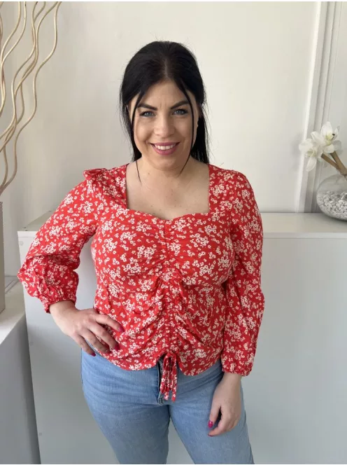 ÚJ Peacocks (M) Piros Apró Fehér Virágos, Elől Húzott Derékba Megkötős, Kocka Kivágású Felső