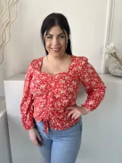 ÚJ Peacocks (M) Piros Apró Fehér Virágos, Elől Húzott Derékba Megkötős, Kocka Kivágású Felső