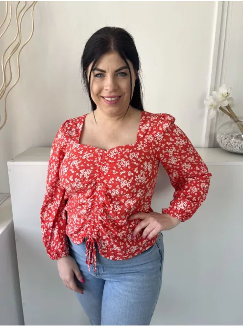 ÚJ Peacocks (M) Piros Apró Fehér Virágos, Elől Húzott Derékba Megkötős, Kocka Kivágású Felső