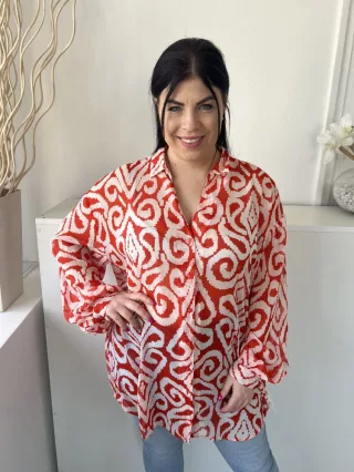   Et Vous (L) Piros Fehér Mintás, Elől Végig Gombos Galléros, Hosszított Fazonú Felső
