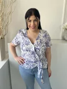 H&M (M) Fehér Kék Mintás, Mellnél Gombos Átlapolt, Oldalt Megkötős, 100% Len Felső