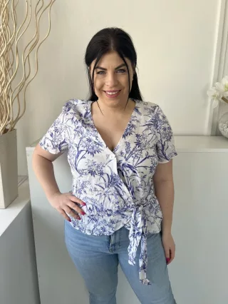   H&M (M) Fehér Kék Mintás, Mellnél Gombos Átlapolt, Oldalt Megkötős, 100% Len Felső