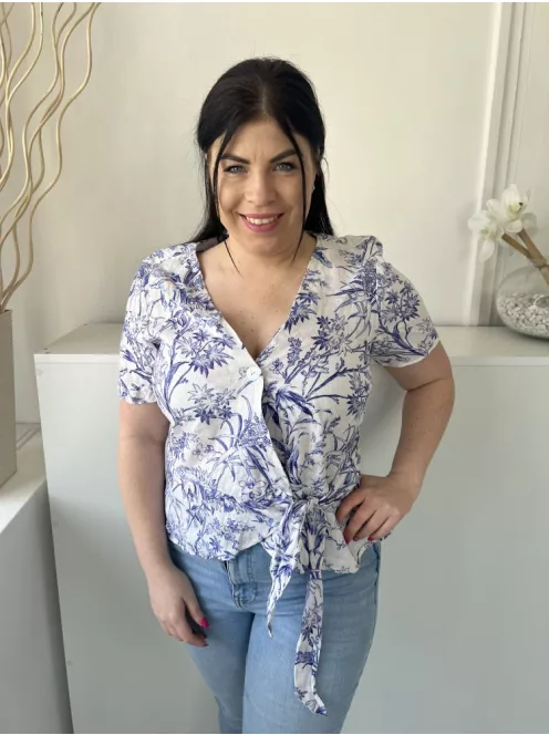 H&M (M) Fehér Kék Mintás, Mellnél Gombos Átlapolt, Oldalt Megkötős, 100% Len Felső