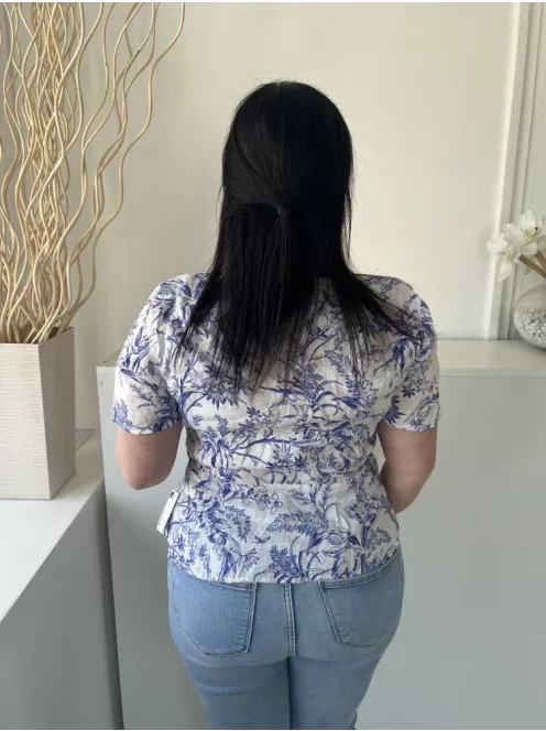 H&M (M) Fehér Kék Mintás, Mellnél Gombos Átlapolt, Oldalt Megkötős, 100% Len Felső