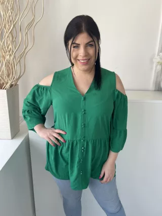   ÚJ JD Williams (L) Zöld Elől Díszgombos, Nyiott Vállú Derékban Szabott Felső