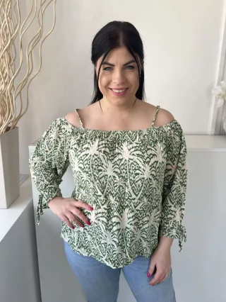   Peacocks (L) Drapp Zöld Mintás, Nyitott Vállú Ujjvégén Megkötős, Felül Gumírozott Felső