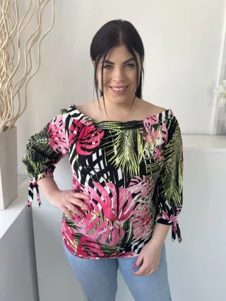   Airfield (M) Fekete Színes Levémintás, Ejtett Gumis Vállú Ujjvégén Megkötős Felső