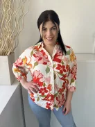 F&F (M) Törtfehér Színes Virágos, Elől Végig Gombos Galléros, Kerekített Aljú Felső