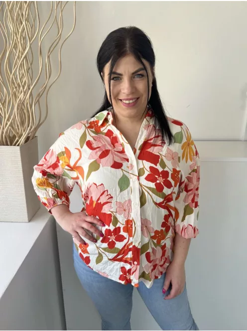 F&F (M) Törtfehér Színes Virágos, Elől Végig Gombos Galléros, Kerekített Aljú Felső