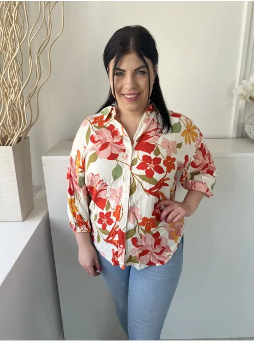 F&F (M) Törtfehér Színes Virágos, Elől Végig Gombos Galléros, Kerekített Aljú Felső