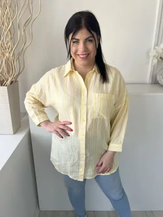   Nutmeg (L) Sárga Fehér Csíkos, Elől Végig Gombos Mellnél Zsebes, 100% Pamut Felső