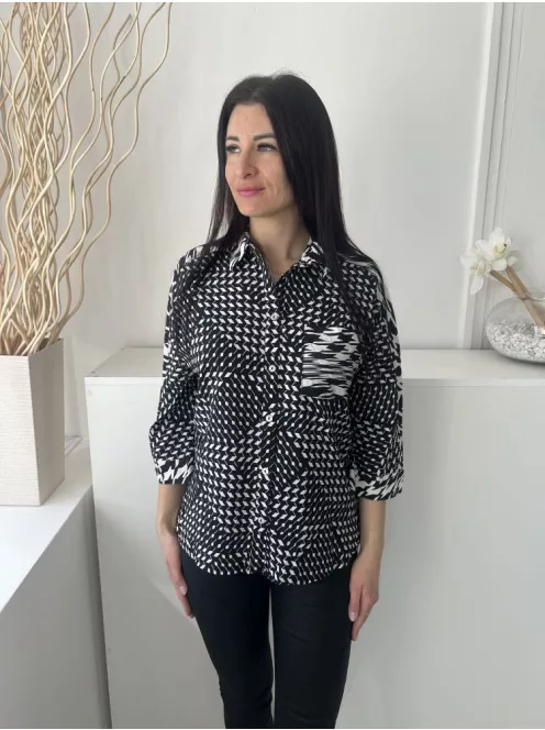 Next (S) Fekete Fehér Mintás, Elől Végig Gombos Mellnél Zsebes, Oldalt Sliccelt Felső