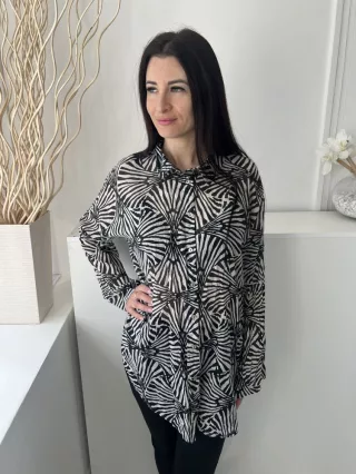   Primark (M) Fekete Fehér Mintás, Elől Végig Gombos Enyhén Áttetsző, Hosszított Fazonú, 100% Pamut Felső