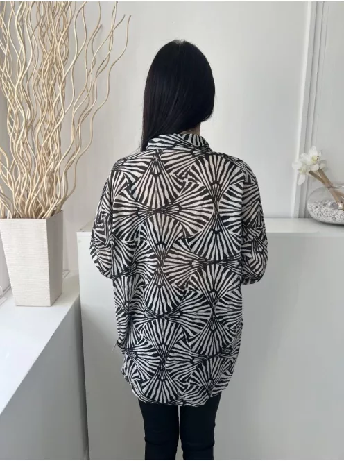 Primark (M) Fekete Fehér Mintás, Elől Végig Gombos Enyhén Áttetsző, Hosszított Fazonú, 100% Pamut Felső