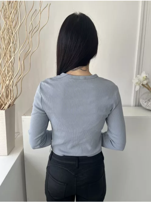 Primark (M) Szürkéskék Anyagéban Mikrobordázott Mellnél Feliratos, Kerek Nyakú, 95% Pamut Felső