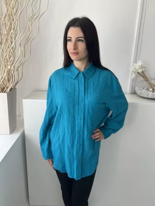   Primark (M) Tengerkék Elől Végig Gombos, Mellnél Zsebes 54% Len és 14% Pamaut Alapanyagú Felső