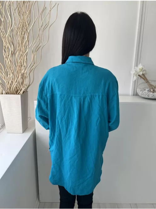 Primark (M) Tengerkék Elől Végig Gombos, Mellnél Zsebes 54% Len és 14% Pamaut Alapanyagú Felső