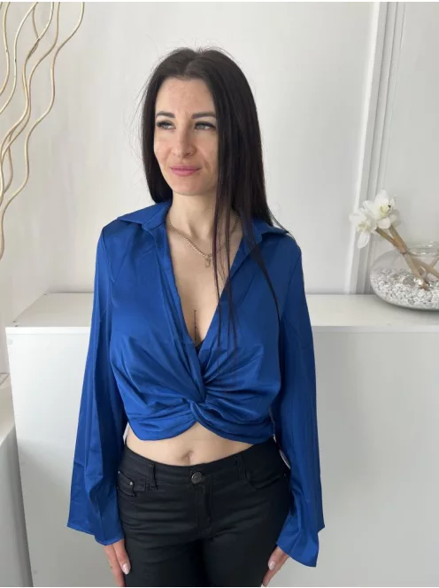 ÚJ Chi Chi (M) Királykék Alul Csavart, Rövid Fazonú Galléros, Fényes Anyagú, Oldalt Cizáros Felső