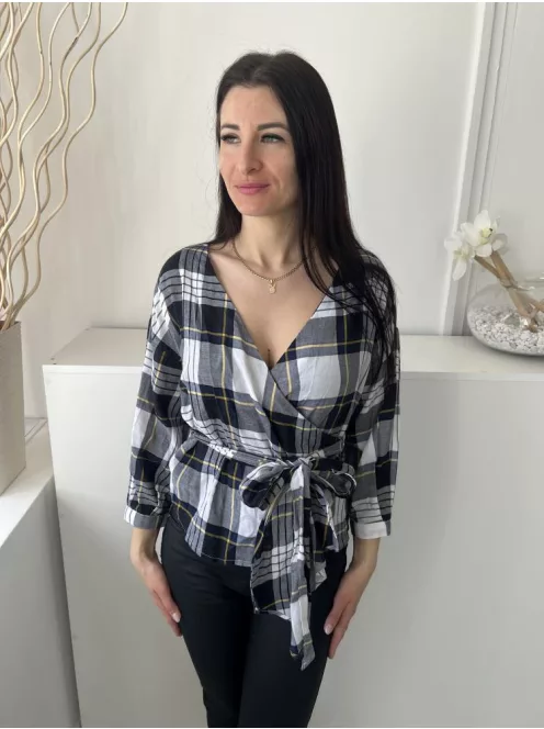 ÚJ New Look (M) Fehér Sötétkék Kockás, Átlapolt Oldalt Megkötős, 100% Pamut Felső