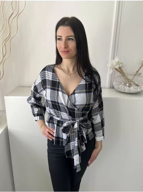 ÚJ New Look (M) Fehér Sötétkék Kockás, Átlapolt Oldalt Megkötős, 100% Pamut Felső