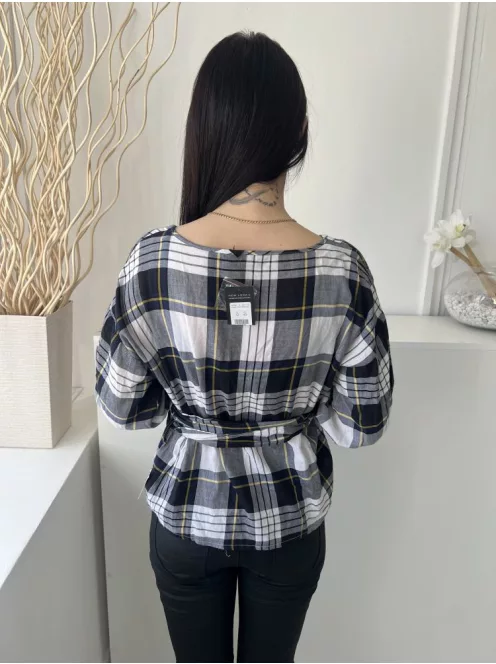 ÚJ New Look (M) Fehér Sötétkék Kockás, Átlapolt Oldalt Megkötős, 100% Pamut Felső