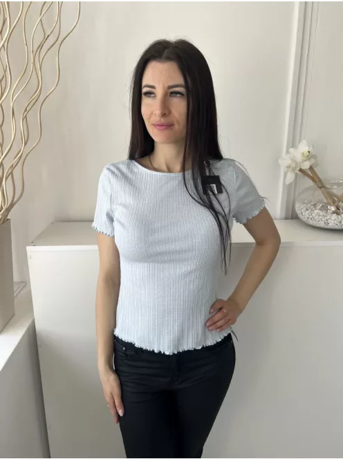 ÚJ Dusk (M) Vízkék Fehér Apró Mintás, Kerek Nyakú Fodros Aljú, Rugalmas Anyagú Felső